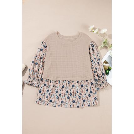 Beige Faux Two Piece Knit Patchwork Floral Print Plus Size Top