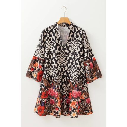Black Retro Floral Mixed Print Split Neck A-line Dress