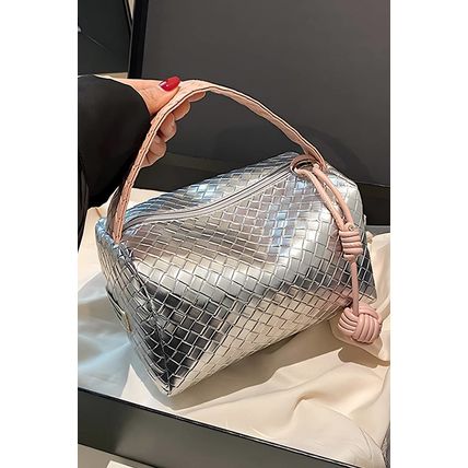 Silvery Lattice Texture Corded Ball Decor Weaven Handle Cosmetic Bag