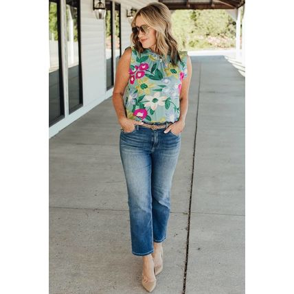 Green Floral Print Ruffle Trim Tank Top