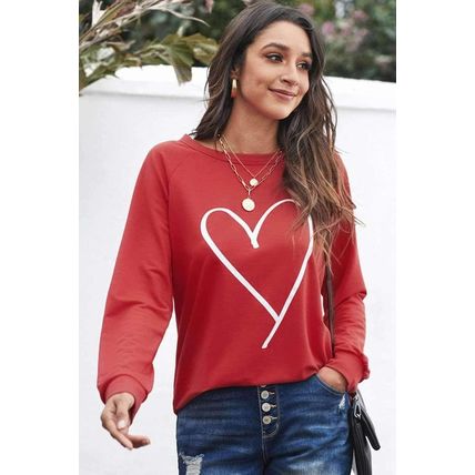 Red Heart Shape Print Long Sleeve Pullover Sweatshirt