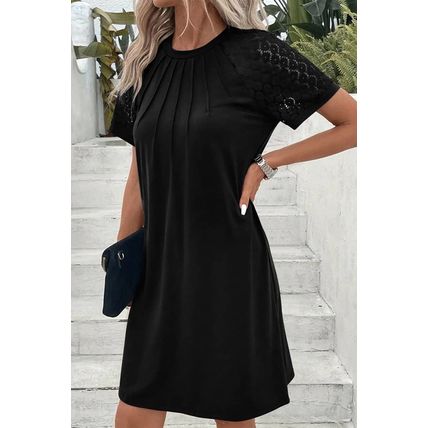 Black Contrast Lace Raglan Sleeve Pleated Detail Shift Dress