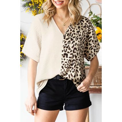 Khaki Contrast Leopard Color Block Blouse