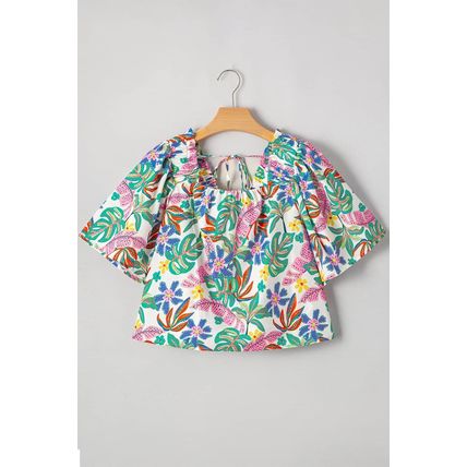 Green Plant Print Loose Fit Puff Sleeve Square Neck Blouse