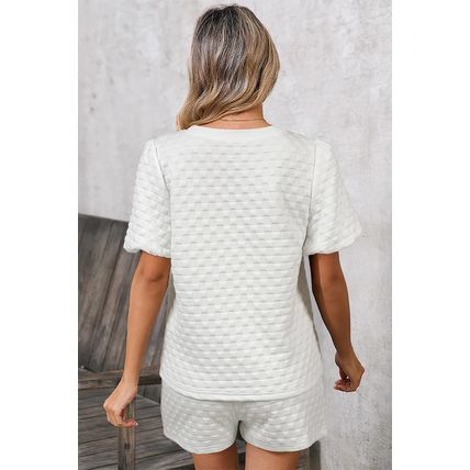 White Solid Color Checkered Texture Short 2pcs Outfit