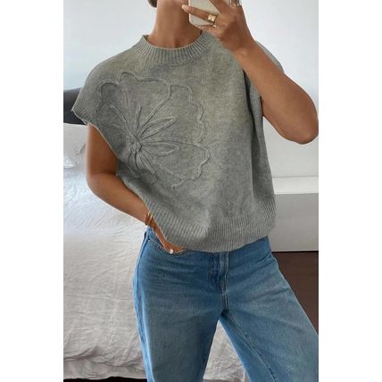 High Flower Pattern Ribbed Trim Short Sleeve Boxy Sweater