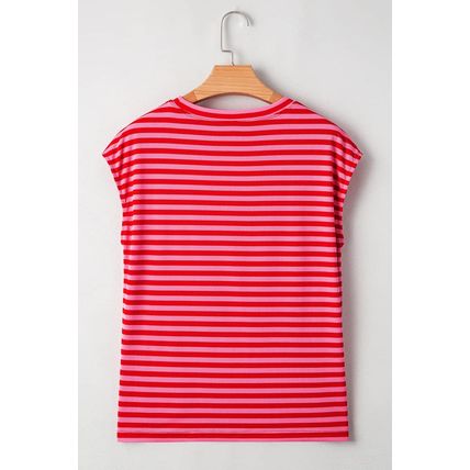 Red Stripe Ribbed Cap Sleeve Round Neck T Shirt