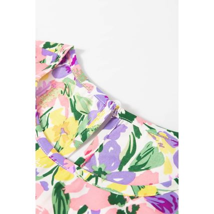 Purple Floral Print Puff Short Sleeve Crew Neck Blouse