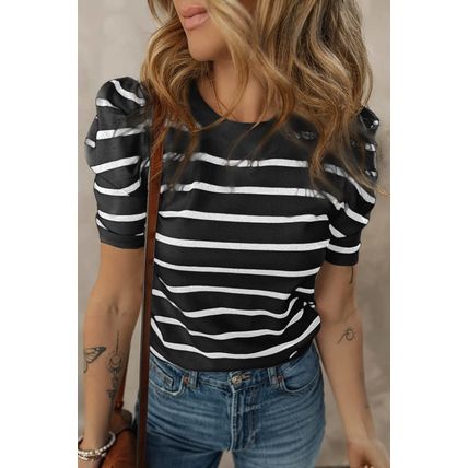 White Stripe Ribbed Trim Round Neck Bubble Sleeve Knitted Top