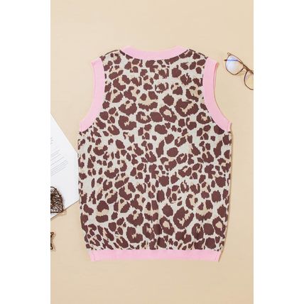 Brown Leopard Pattern Contrast Ribbed Trim Sweater Vest