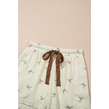 White Bow Print Lace Drawstring Casual Shorts