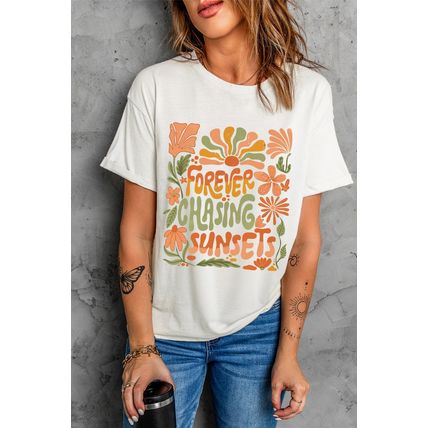 White FOREVER CHASING SUNSETS Floral Print T Shirt