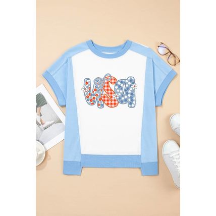 Sky Blue Star Plaid Flower USA Graphic Color Block Crewneck T Shirt
