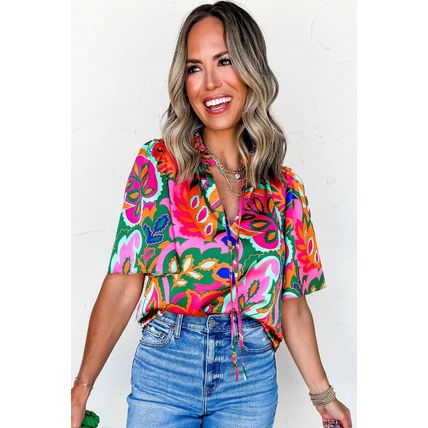 Rose Summer Plant Print Lace up V Neck Short Sleeve Blouse