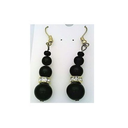Black Onyx Gemstone Bead Gold Dangle Earrings