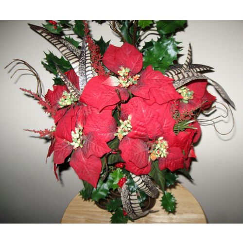 Handmade Winter Flower Arrangement-Hanging Vase of Poinsettia, Holly & Feathers