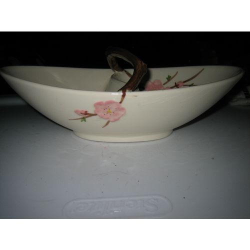 Vintage Handpainted Divided Basket Dish w/Raised Flowers & Ceramic Twig Handle