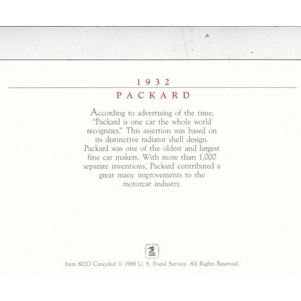 United States 1988 Packard Maximum Card FDC Detroit cancel Unused VGC