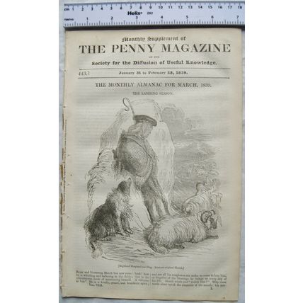 1839 The Penny Magazine No. 443 Queen Elizabeth , lambing season, business, etc.