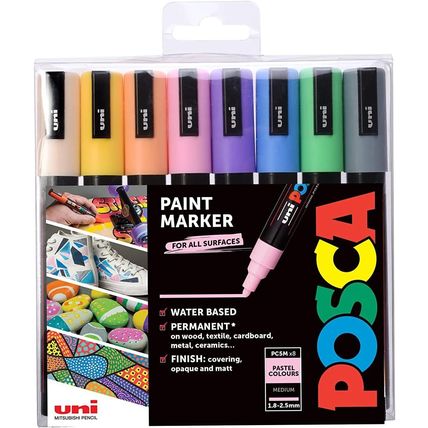 POSCA PC-5M Permanent Marker Paint Pens. Medium Bullet Tip, 8 Pastel Colours NEW