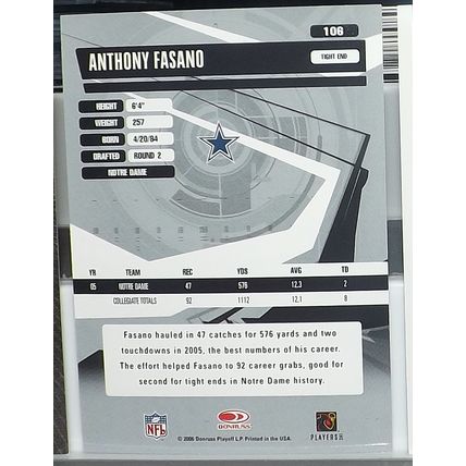 2006 Donruss Elite ANTHONY FASANO (Notre Dame/Cowboys) Rookie Card #106 35/599