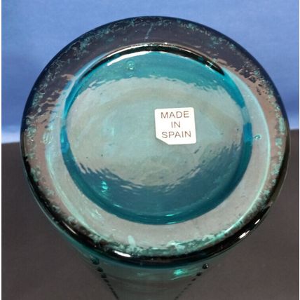 Tall Vintage MCM Teal Turquoise Dimpled Glass Vase Bottle Spain Art Glass 15.5"