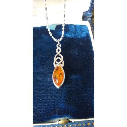 Antique Vintage 1940-s CELTIC 925 Silver Natural Amber Pendant & 18 Inch Chain