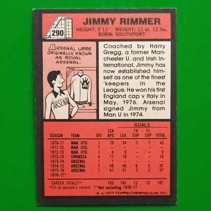TOPPS FOOTBALL RED BACK 1977 #290 Arsenal Jimmy Rimmer