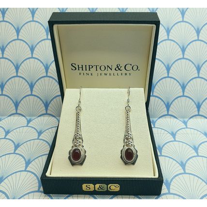 Vintage 925 Sterling Silver and Red Carnelian Cabochon Drop Earrings With Box