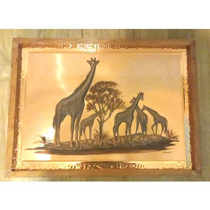 Dennis Thomson Vintage Large African Copper Giraffe 3D Art Picture 1970s Framed