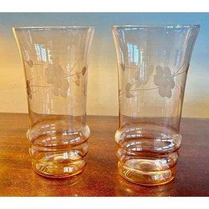2 - Pink Dunbar Depression Glass with etched floral design Hand Blown #200