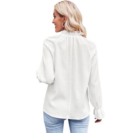 White Frilled Mock Neck Ripple Bubble Sleeve Blouse