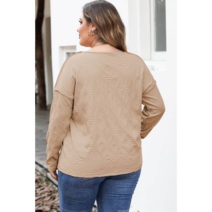 Khaki Plus Size Textured Drop Shoulder Exposed Seam Top