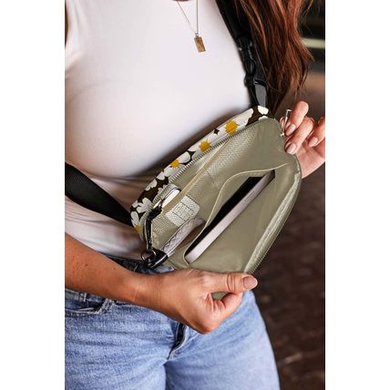 Black Daisy Printed Buckle Strap Crossbody Bag