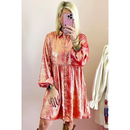 Peach Blossom Metallic Sheen Puff Sleeve Button Up Mini Shirt Dress