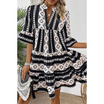 Black Geometric Print V Neck Ruffled Dress