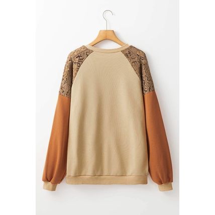 Khaki Lace Patchwork Colorblock Drop Shoulder Sweatshirt