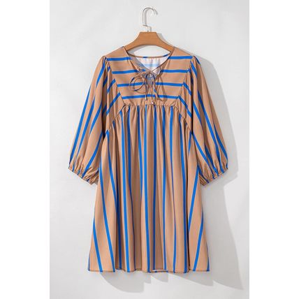 Khaki Stripe Contrast Striped Print 3/4 Sleeve Babydoll Plus Size Dress