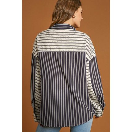 Black Stripe 2-tone Patchwork Half Buttons Chest Pockets Casual Blouse