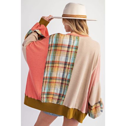 Multicolour Waffle Knit Plaid Patchwork Side Slits Loose Sweatshirt