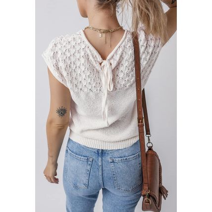 White Eyelet Knit Tied Back Short Sleeve Sweater