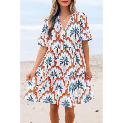 Orange Contrast Palm Tree Printed Short Sleeve Flowy Dress