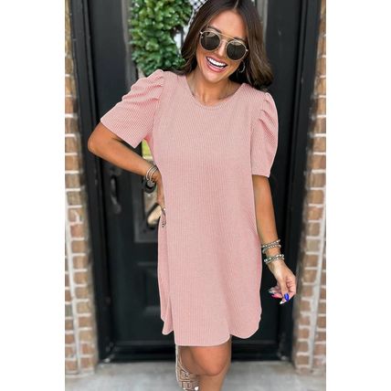 Blossom Corded Knit Crew Neck Puff Sleeve Shift Mini Dress
