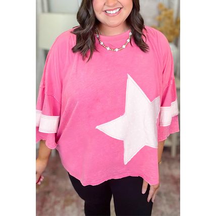 Pink Star Patched Colorblock Raw Edge Bracelet Sleeve Plus Size Loose Tee
