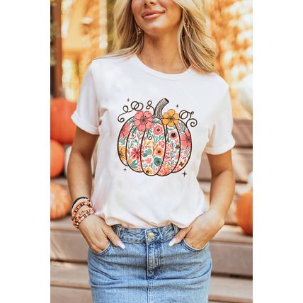 White Floral Pumpkin Print Cotton Blend T Shirt