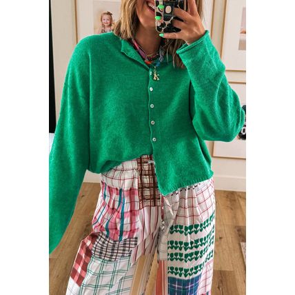 Bright Green Solid Color Knit Button Drop Shoulder Sweater Cardigan