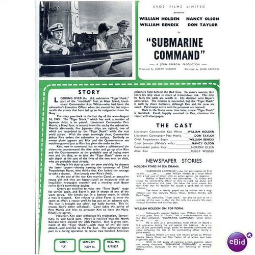 SUBMARINE COMMAND William Holden, Nancy Olson, Don Taylor Re-issue Press Sheet