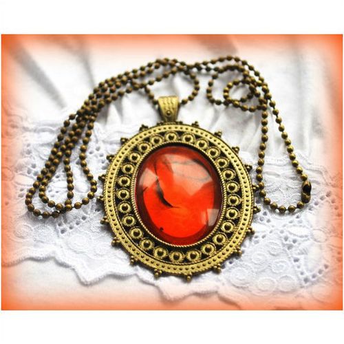 Sale Antiqued Bronze Domed Orange Colour Pendant Necklace Jewellery 1394