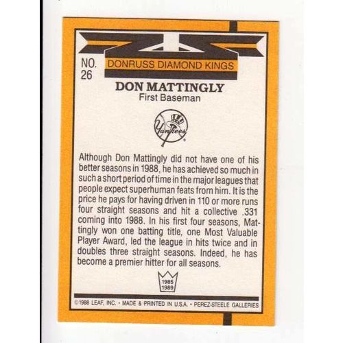 1989 Donruss Don Mattingly baseball card #26 – HOF - Yankees