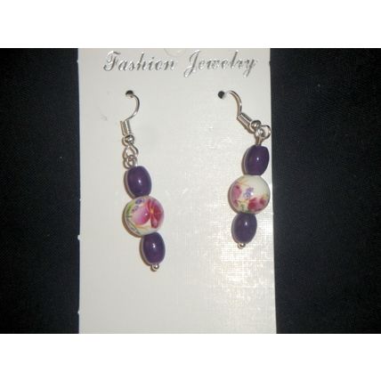 Unique elegant purple flower on whit porcelain plus glass with crystal earrings